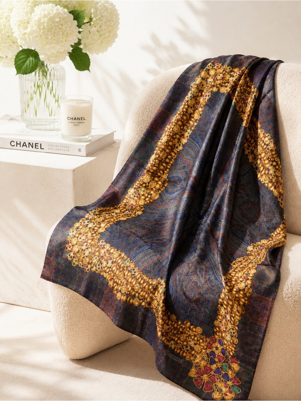 CHANEL Silk Scarf – Ornate Gold Chain & Jewel Motif on Deep Navy